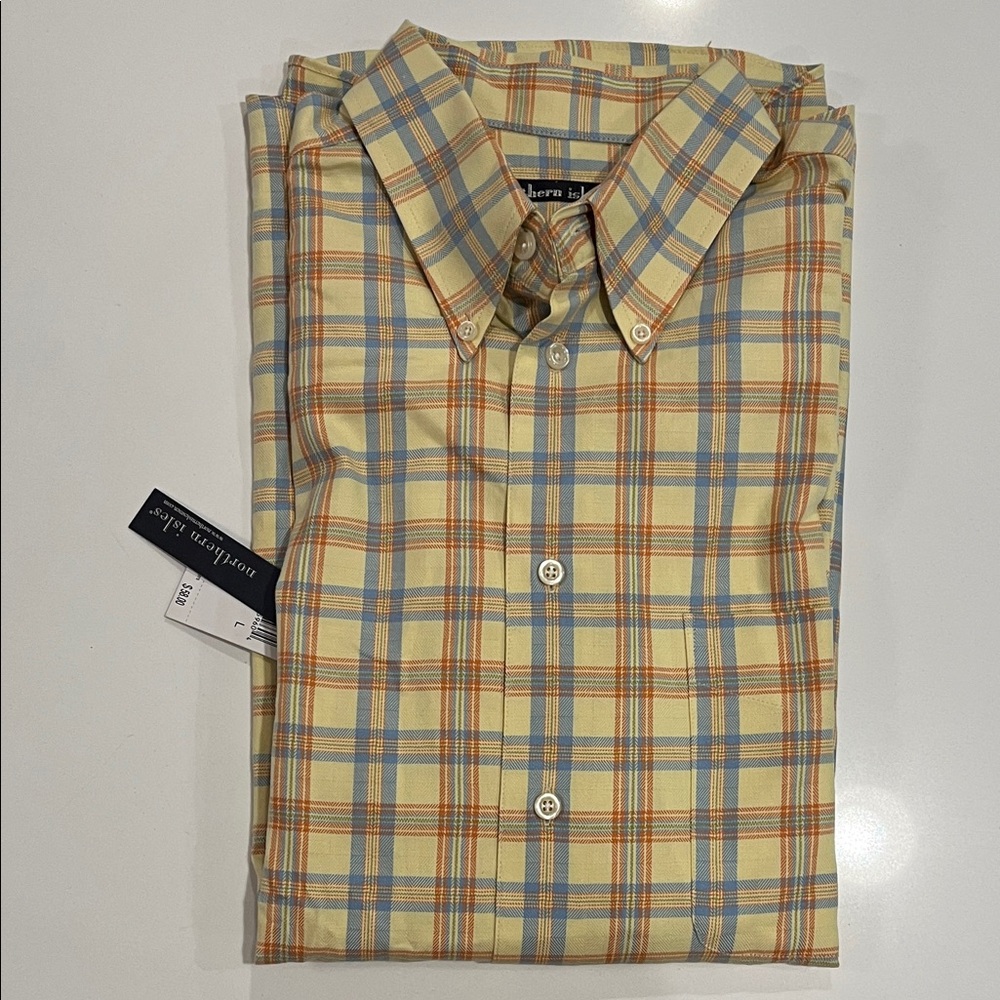 NWT Northern Isles 100%Cotton Men's Plaid button-down Shirt (Yellow/Blue/Orange)